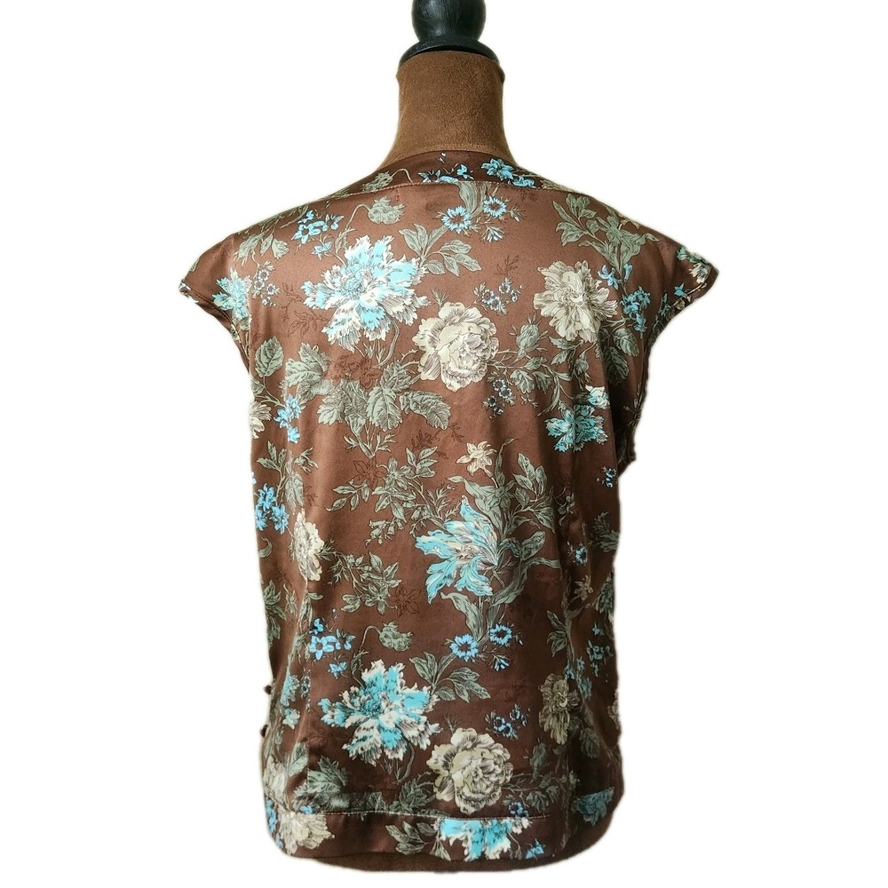 Vintage Y2K Top Brown Floral Fall Blouse Size M Satin French Cuff Button Side - Picture 4 of 8